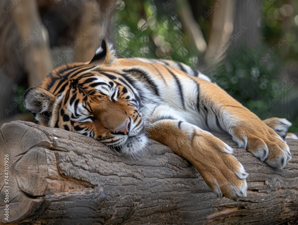 Fototapeta premium a tiger lying down on a log Generative AI
