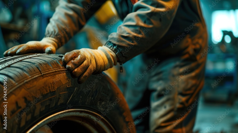 Close-up of a mechanic's hands expertly working on a car tire