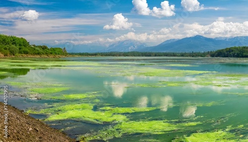 blooming water algae bloom due to pollution water pollution protection concept