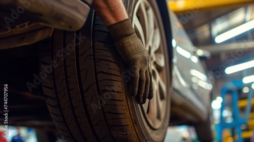 Close-up of a mechanic's hands expertly working on a car tire