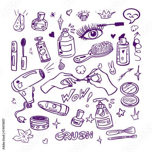 Vector hand drawn doodle. Personal hygiene set of bathroom equipment  cosmetics and tools. Manicure hand  deodorant  cream  mascara  cosmetics.