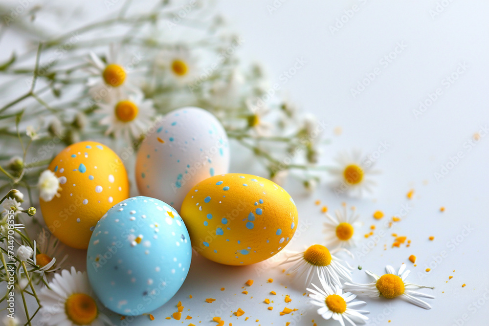 Obraz premium Speckled vibrant colored eggs amidst a scattering of daisies and flowers on a blue surface, hinting at Easter's renewal and the bloom of spring.