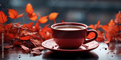 Cozy Autumn Vibes Red Cup of Hot Drink by Wet Window