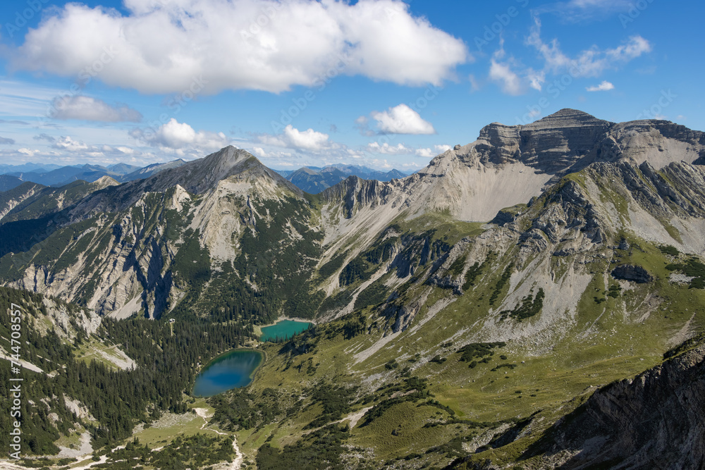 mountain view with blue lakes on a sunny day (Soiernspitze, Germany) mountain view with blue lakes on a sunny day (Soiernspitze, Germany)