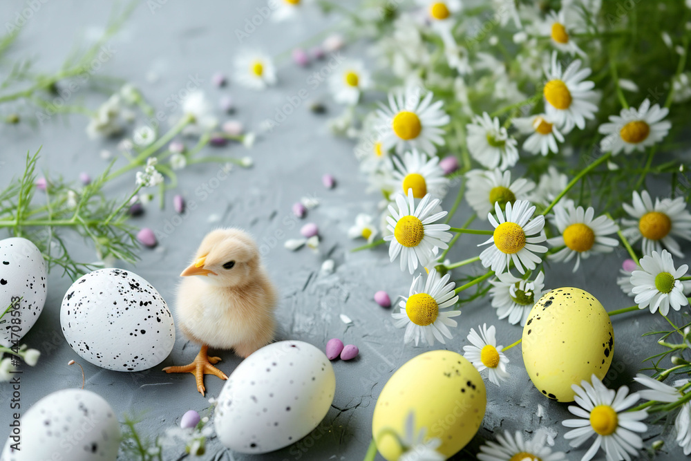 A sleepy Ester chick surrounded by speckled and yellow eggs, with daisies and green grass scattered on a grey surface, evoking a fresh, spring morning. A sleepy Ester chick surrounded by speckled and yellow eggs, with daisies and green grass scattered on a grey surface, evoking a fresh, spring morning.