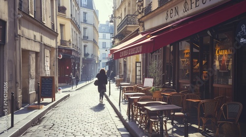 A Parisian street scene featuring a classic French bistro and a lady strolling in the morning.