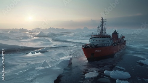 The vessel navigates through the frozen ocean.