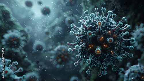 Virus floating in cellular environment, background, viral disease epidemic, 3D rendering of virus, illustration. Generative AI © lesikvit