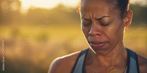 Lifestyle portrait of black woman athlete, exhausted and disappointed after losing running marathon