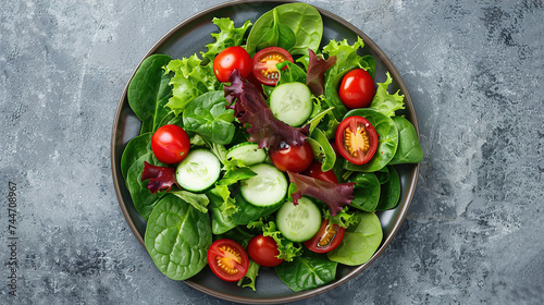 Green vegan salad from green leaves mix and Vegetables. salad in a plate with spinach leaves, cherry tomatoes, lettuce leaves, cucumbers, Image for Cafe and Restaurant Menus