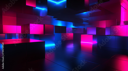 Abstract 3D space with dark undertones and neon lights, creating a stylish and futuristic atmosphere for presentations.