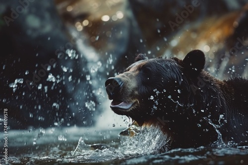 A wild brown bear, Alaska's largest mammal, fishes for salmon in a river