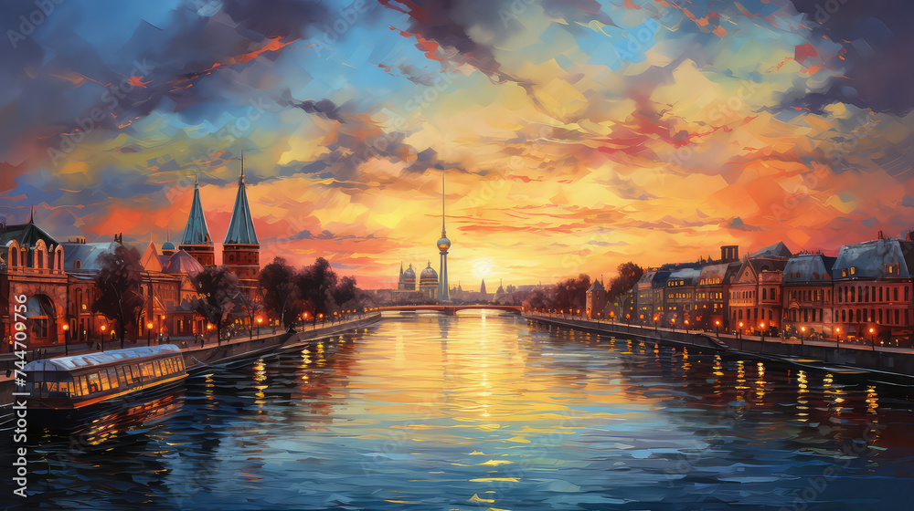 Fototapeta premium oil painting on canvas, Museum island on Spree river and Alexanderplatz TV tower in center of Berlin, Germany.