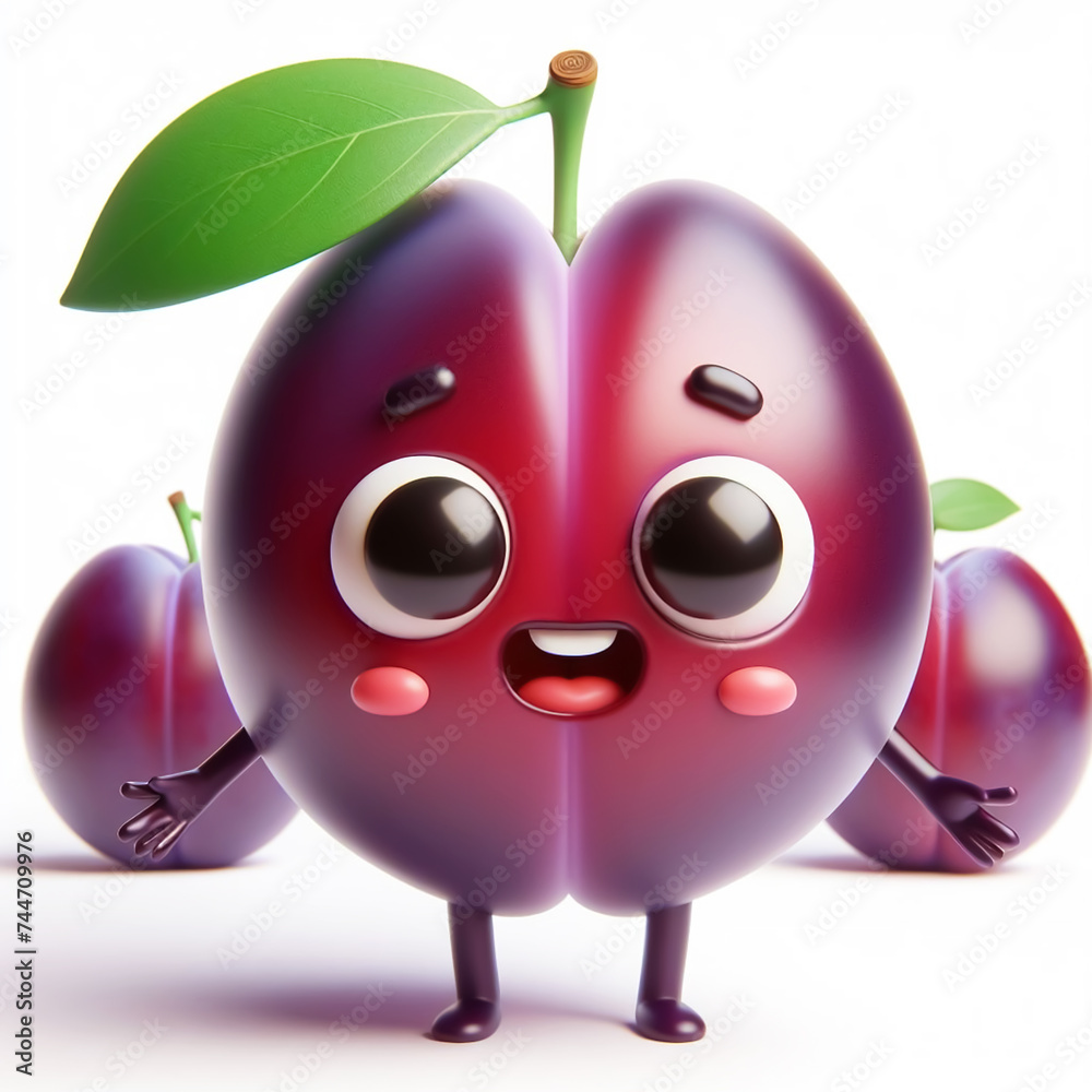 Fototapeta premium 3D plum funny cartoon. Agriculture and healthy food. AI generated