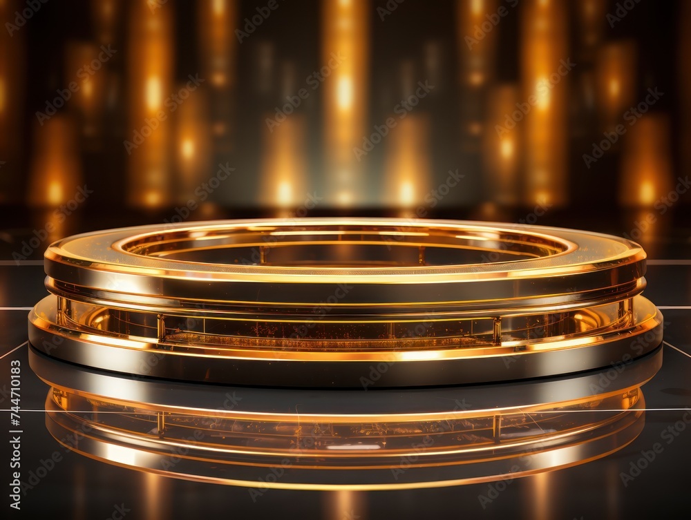 Golden Spotlight Illuminating the Empty Round Podium Golden Spotlight Illuminating the Empty Round Podium