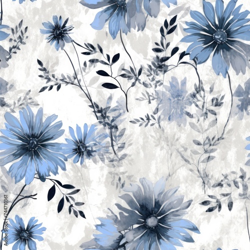 Rustic Flower Print Pattern in Grey and Blue Hipster Grunge Rock Style