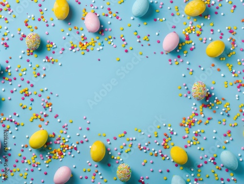 Top view photo of yellow pink blue easter eggs and sprinkles on isolated pastel blue background with blank space in the middle