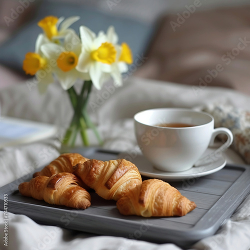 Breakfast in bed. Coffee  croissants  orange juice and berries.