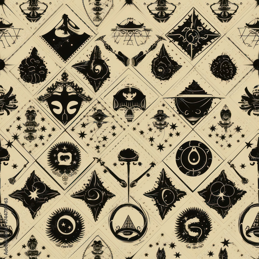Gothic Wallpaper with Occult Symbols, Skulls, Bats, Moons & Stars Stock
