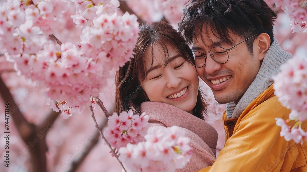 Fototapeta premium Happy, smiling young Couple hugging under tree branches of Cherry blossom.