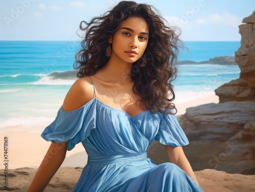 Coastal Chic Indian Girl in SkyBlue OffShoulder Sundress on Beach