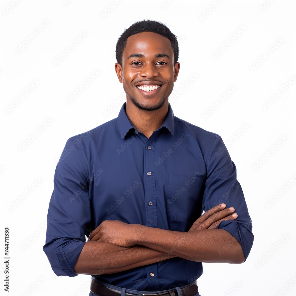 Smiling AfricanAmerican Man in Navy Blue Collared Shirt Portrait Photo Studio Smiling AfricanAmerican Man in Navy Blue Collared Shirt Portrait Photo Studio