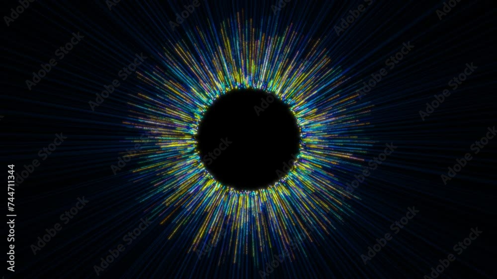 Particle generation from a black circle or black hole in the universe. Eye-catching blue, blue and yellow colors with glow and shine. Radial motion of particles. 4К
