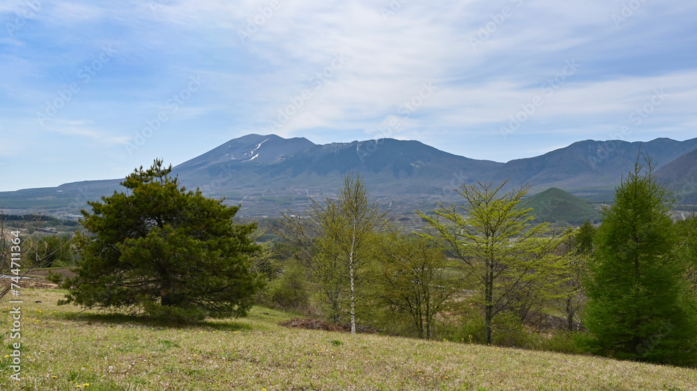 嬬恋村の丘から望む春の浅間山，群馬県嬬恋村
