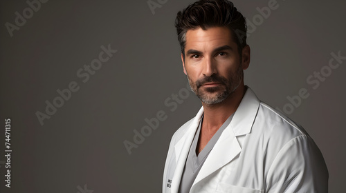 handsome male doctor in his 40s facing forward wearing a doctor’s white coat, professional photography,