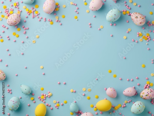 Top view photo of yellow pink blue easter eggs and sprinkles on isolated pastel blue background with blank space in the middle --ar 4:3 --v 6 Job ID: 9283fb14-40d0-4f53-a7d6-065d5e6560b3