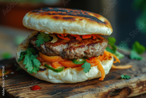 Beef hamburger with fresh vegetables on wooden background, selective focus
