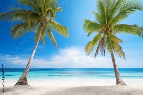 Two palm trees on a beach, with azure ocean and blue sky © Anastasiia