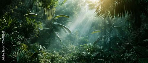  Jungle mock up. Tropical forest with exotical plants, palm, branches, flowers. Rain forest wallpaper. Nature landscape. Generative ai.