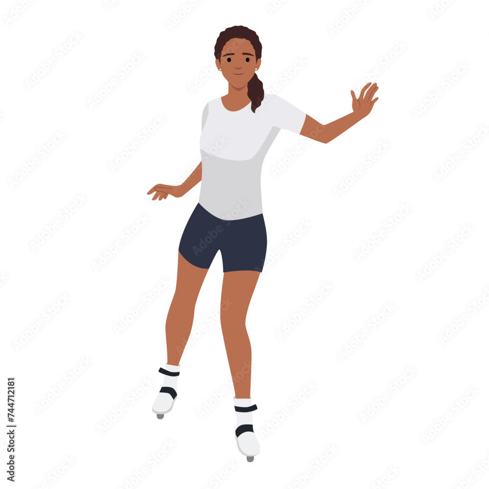 Beautiful girl riding on roller skates with smile on her face. Flat vector illustration isolated on white background Beautiful girl riding on roller skates with smile on her face. Flat vector illustration isolated on white background