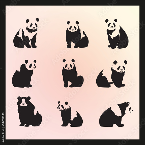 Panda silhouette set Clipart on a hex color background