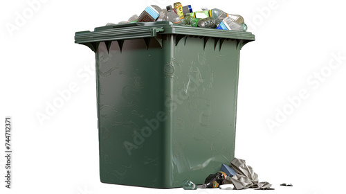 A green plastic bin with some trash and a lid on a transparent background. PNG format, This PNG file, with an isolated cutout object on a transparent background.