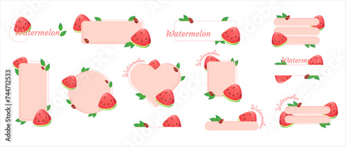 Fototapeta Naklejka Na Ścianę i Meble -   Set of 12 cute frames with watermelons. Flat illustration of fruits and berries.
