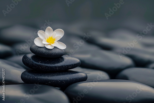 Zen wellness and relaxation background with pebble stones and spa flowers