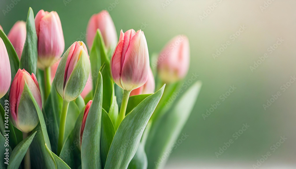 pink tulip buds with fresh green leaves against blurred clean backdrop pink tulip buds with fresh green leaves against blurred clean backdrop