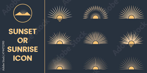 Sunrise icon, Sunset icon set. Set of golden Sunburst, Sun, light rays design. Vintage golden sunburst collection.  Retro gold Sun burst icon, Sunrise, Radial sun burst.