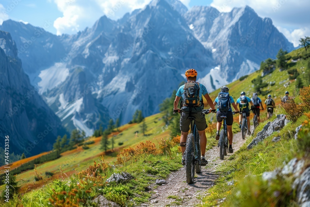 Amidst the breathtaking mountain landscape, a group of adventurous individuals ride their bicycles through the rugged trails, their wheels spinning and hearts racing with excitement