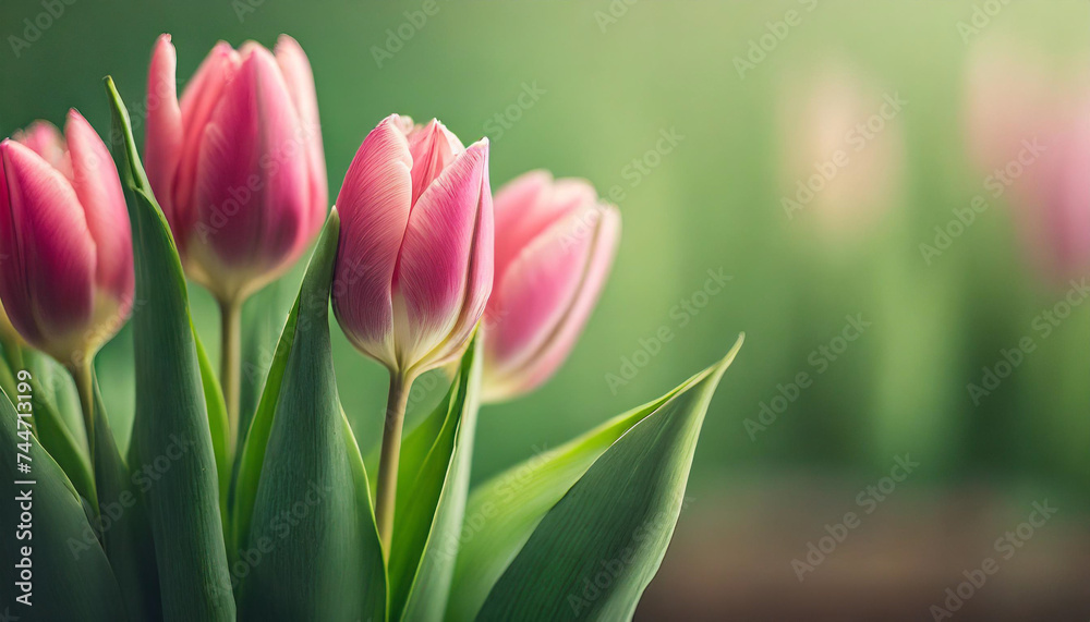 pink tulip buds with fresh green leaves against blurred clean backdrop pink tulip buds with fresh green leaves against blurred clean backdrop