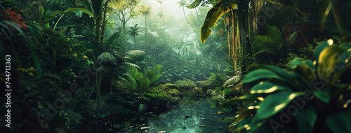 Jungle mock up. Tropical forest with exotical plants  palm  branches  flowers. Rain forest wallpaper. Nature landscape. Generative ai.