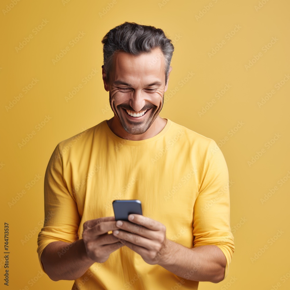 Happy Man in Yellow Shirt Using Phone Minimalcore Stock Photo Happy Man in Yellow Shirt Using Phone Minimalcore Stock Photo