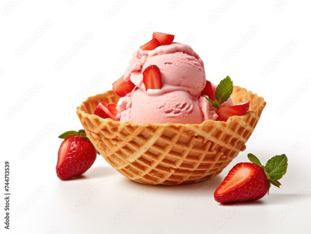 Delicious Strawberry Ice Cream in Waffle Basket Perfect Summer Treat Delicious Strawberry Ice Cream in Waffle Basket Perfect Summer Treat