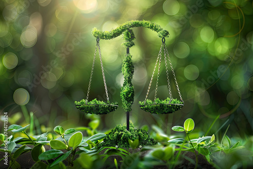 Balancing legislation with environmental preservation. The scales represent striving for fair green laws and emphasizing the need to incorporate sustainability into legal systems.