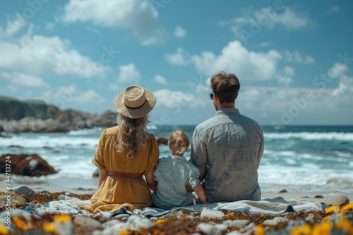 A family of three, dressed in bright beach clothing, sits on a rocky ground, gazing at the vast ocean with a backdrop of a clear blue sky and fluffy clouds, feeling a sense of peace and connection to