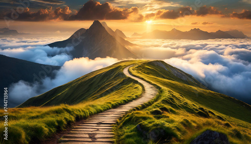 winding path through clouds leads to a soft, bright light in the distance, symbolizing hope and optimism