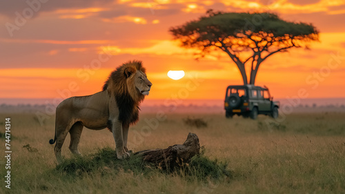 A lion (Panthera leo), sitting on an old tree trunk in the Seringetti, AI generated