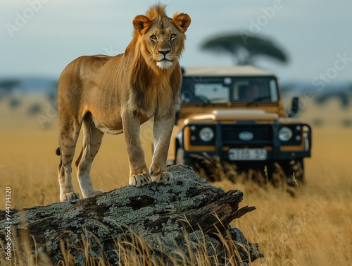 A lion (Panthera leo), sitting on an old tree trunk in the Seringetti, AI generated